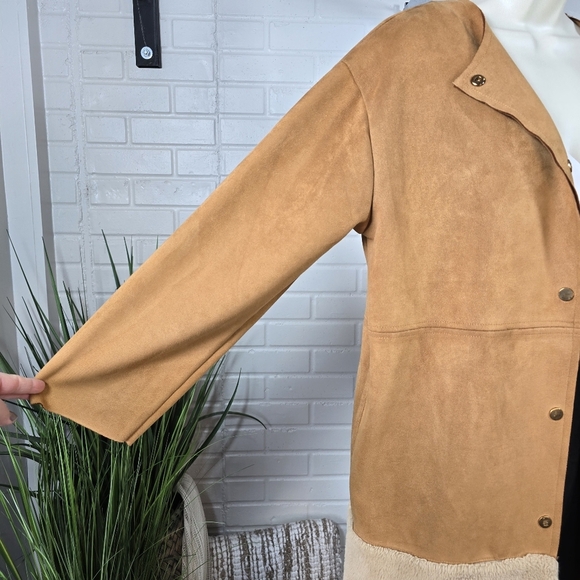 Zara Faux Suede Tan and Cream Fur Trimmed Jacket Oversized Small - Picture 10 of 13